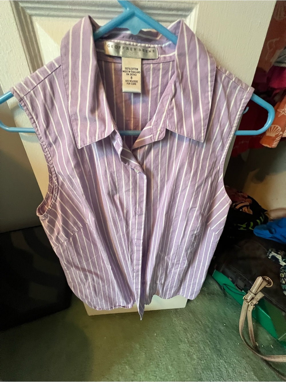Geoffrey Beene Lavender and White Striped Sleeveless Button-Up Blouse